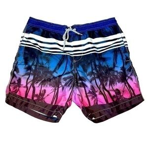 AEROPOSTALE MENS PINK BLUE SUNSET DRAWSTRING SWIM SHORTS TRUNKS, SIZE 34”x16”